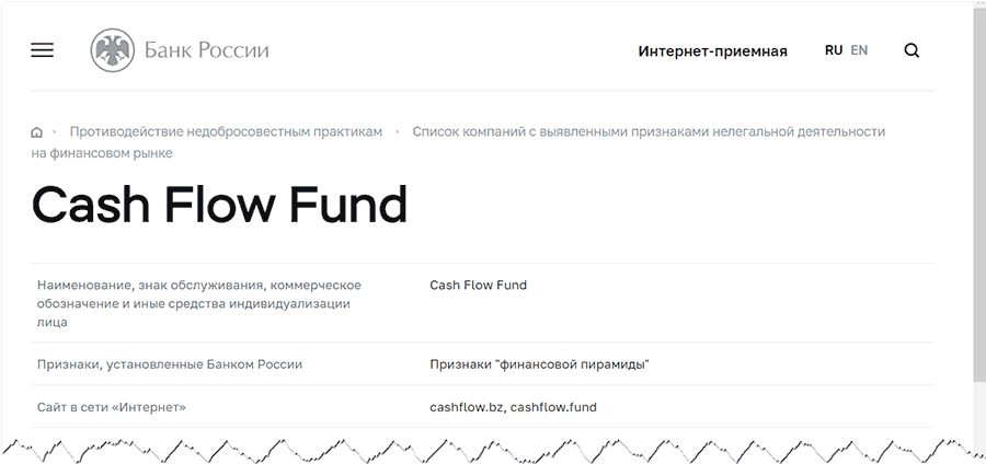 По данным ЦБ РФ фонд CashFlow – мошенники